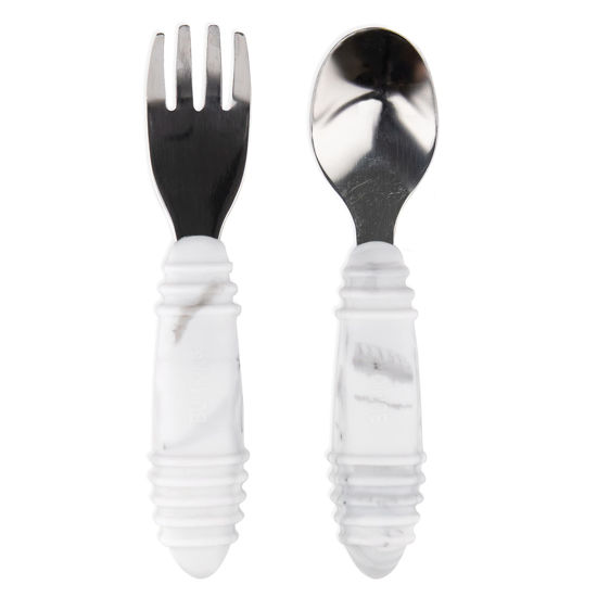 Picture of Bumkins Toddler Utensils, Kids Size Fork and Spoon Set, Silicone and Stainless-Steel Training Silverware, Angled Forks / Sporks for Self-Feeding, Children Hold Learning to Eat, 18 Months Up, Marble