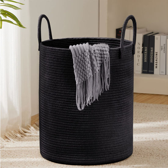 Picture of YOUDENOVA Woven Rope Laundry Hamper Basket, 58L Tall Laundry Basket, Baby Nursery Hamper for Blanket Storage, Clothes Hamper for Laundry in Bedroom-Large- Black