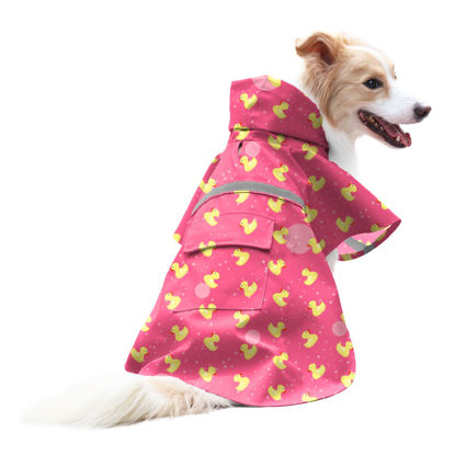 Picture of NACOCO Large Dog Raincoat Adjustable - Pet Rubber Ducks Yellow Water Proof Clothes Lightweight Rain Jacket Poncho Hoodies with Strip Reflective Pink (Pink M, Yellow Duck)