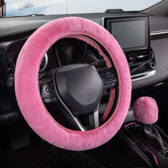 Picture of SEG Direct Furry Car Steering Wheel Cover with Fluffy Gear Shift Cover Soft Warm Non-Slip Car Decoration for Women Girls 2 PCS Set, Pink