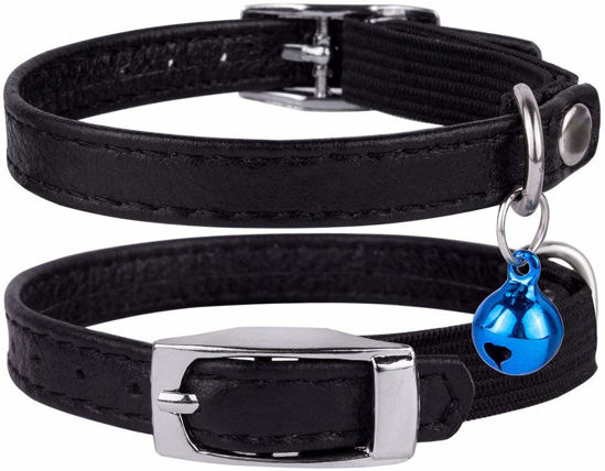 Picture of CollarDirect Leather Cat Collar, Cat Safety Collar with Elastic Strap, Kitten Collar for Cat with Bell Black Blue Red Orange Lime Green (8-11 Inch, Black)