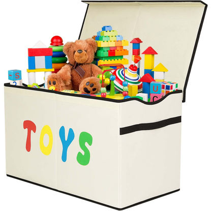 Picture of YOLOXO Toy Box Chest, Collapsible Sturdy Storage Bins with Lids, Extra Large Kids Toy Storage Organizer Boxes Bins Baskets for Kids, Boys, Girls, Nursery Room, Playroom, Closet (New Beige)