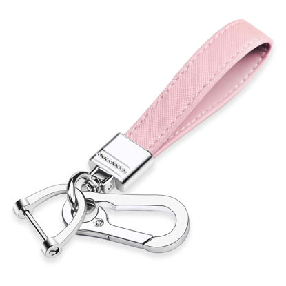 Picture of QBUC Genuine Leather Car Keychain,Universal Heavy Duty Metal Key Chain Accessories,Car Fob Key Keychain Holder with 360 Degree Rotatable Snap Swivel and Anti-Lost D-Ring for Men Women(Light Pink)