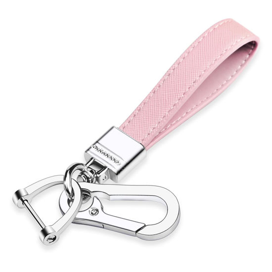 Picture of QBUC Genuine Leather Car Keychain,Universal Heavy Duty Metal Key Chain Accessories,Car Fob Key Keychain Holder with 360 Degree Rotatable Snap Swivel and Anti-Lost D-Ring for Men Women(Light Pink)