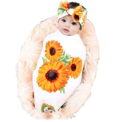 Picture of Galabloomer Newborn Receiving Blanket Headband Set Baby Flower Rose Swaddle with big bow (white sunflower)