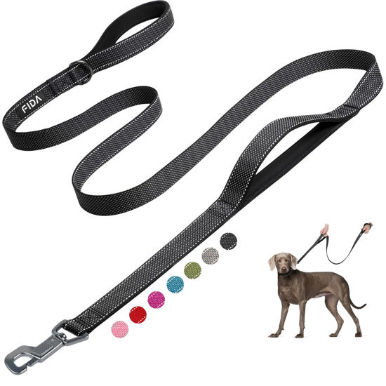 Picture of Fida 6 FT Heavy Duty Dog Leash with 2 Comfortable Padded Handles, Traffic Handle & Advanced Easy Snap Hook, Reflective Walking Lead for Large, Medium & Small Breed Dogs, Black