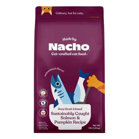 Picture of Made by Nacho Bone Broth Infused Dry Cat Kibble - Sustainably Caught Salmon and Pumpkin - Premium Grain-Friendly Cat Food 11b Bag, Limited Ingredients