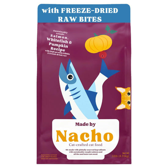 Picture of Made by Nacho Premium Dry Cat Food High Protein Kibble with Freeze Dried Pieces for Enhanced Nutrition and Flavor 10lb Bag (Sustainably-Caught Salmon, Whitefish & Pumpkin), Limited Ingredients