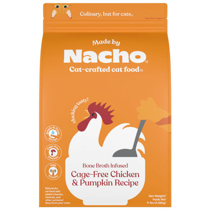 Picture of Made by Nacho Premium Dry Cat Kibble, Bone Broth Infused for Extra Cat Hydration, Grain-Friendly Dry Cat Food, Cage-Free Chicken & Pumpkin Recipe, High Protein Kibble, 11lb Bag
