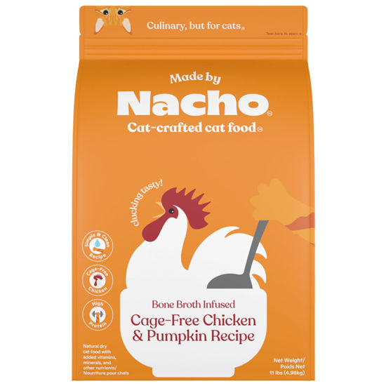 Picture of Made by Nacho Premium Dry Cat Kibble, Bone Broth Infused for Extra Cat Hydration, Grain-Friendly Dry Cat Food, Cage-Free Chicken & Pumpkin Recipe, High Protein Kibble, 11lb Bag