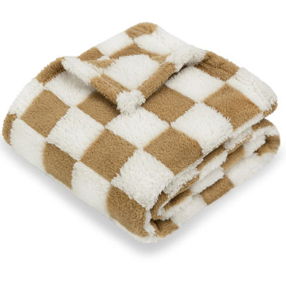 Picture of HOMRITAR Super Soft Baby Blanket for Boys Girls Warm Cozy Reversible Checkerboard Toddlers Blanket, Fluffy Fuzzy Plush Lightweight Bed Blanket with Chessboard Grid Design 350GSM Khaki 30 x 40 Inch