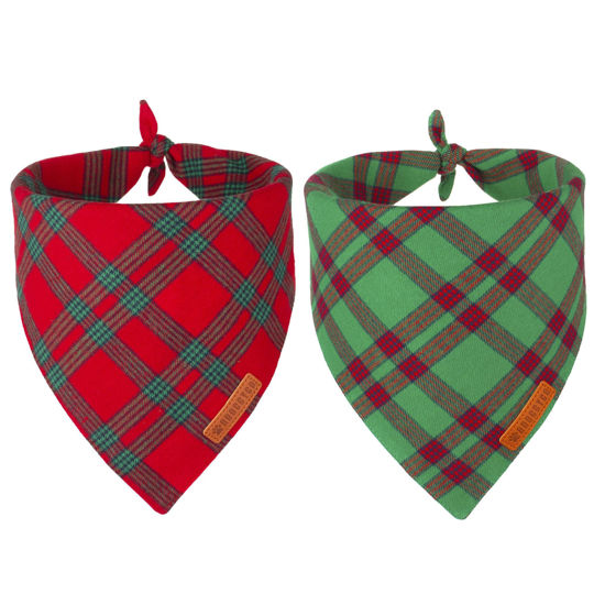 Picture of ADOGGYGO Christmas Dog Bandanas 2 Pack, Red Green Plaid Dog Christmas Scarf Bib, Multiple Sizes Offered, Christmas Bandanas for Small Dogs Pets (Small, Christmas)