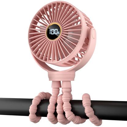 Picture of buywoo Portable Stroller Fan, Small Battery Powered Fan w/ 360° Rotation, 3-Speed, Rechargebale Mini Personal Fan w/Display, Stroller Accessories Gift for Car Seat, Crib, Bike, Treadmill, Pink