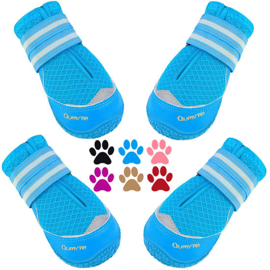Picture of QUMY 4PCS Dog Boots for Large Dogs, Medium Dog Shoes & Paw Protectors for Hot Pavement, Summer Heat Protection, Mesh Breathable Nonslip Dog Booties for Hardfloors, Walking Running Hiking Blue Size 4