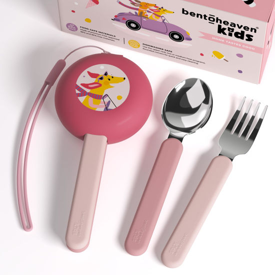 Picture of Bentoheaven Kids Travel Utensils with Case, Food-Grade Stainless Steel & BPA-Free Plastic, Travel Kid Cutlery Set, Dishwasher Safe Fork, Spoon & Case, Reusable Flatware, Silverware for Kids(Dachshund)