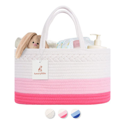 Picture of luxury little Diaper Caddy Organizer, Large Cotton Rope Nursery Basket, Changing Table Organizer for Baby Diaper Storage, Portable Car Organizer with Removable Divider, Baby Shower Gifts - Pink