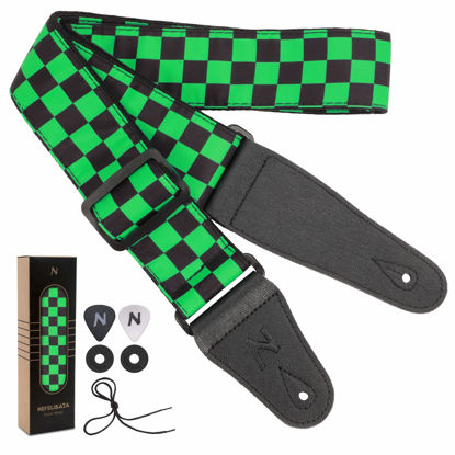 Picture of Nefelibata Guitar Strap,Personalised Cotton Double Layer Cotton Guitar Straps with Longer Leather Ends for Bass, Electric & Acoustic, Best Gifts for Kids, Men & Women Guitarists (Green Square)