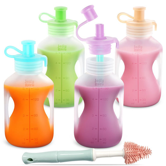 Picture of Jelly Ruru Silicone Reusable Baby Food Pouches with Straws, Leakproof Refillable Squeeze Pouches, Dishwasher, Freezer, Microwave Safe, Baby Food Storage for Homemade Puree, Yogurt (one size, Count, 4)
