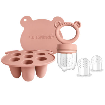 Picture of BIGSPINACH Baby Food Storage Containers & Teething Toys Set - Silicone Feeder Tray for Babies 3-18 Months, Breastmilk Popsicle Molds, Pacifier Holder