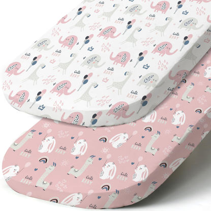 Picture of Stretch Fitted Bassinet Sheet Set BROLEX 2 Pack Cradle Sheets for Bassinet Pad/Mattress,Unisex Boys Girls,Ultra Soft,Elephant Rabbit