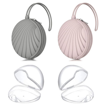 Picture of Smlpuame 4 Pack Pacifier Holder Case Set,2 Silicone Portable Pacifier Cover Pouch Bag for Diaper Bags Baby Carriage with 2 Transparent Pacifier Storage Container Box,Easy to Clean,Shell(Pink+Grey)