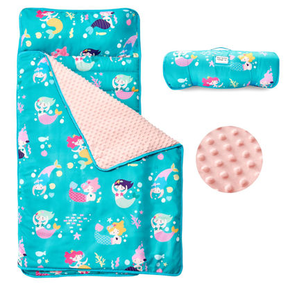Picture of beeweed Toddler Nap Mat, Rollup Design Kid Sleeping Mat with Removable Pillow & Minky Blanket, Toddler sleeping bag for Daycare Preschool Travel Camping, Mermaid