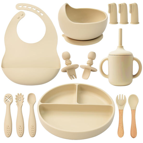 Picture of LITTLE RAWR Silicone Baby Feeding Set 14 Pcs,Baby Led Weaning Supplies, Baby Spoons Suction Bowl Divided Plate Bib Cup Finger Brush,First Stage Solid Food Eating Utensils - 6+ Months(Beige)