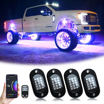 Picture of YiLaie RGB LED Rock Lights, 60 LEDs High Brightness Multifunction Neon underglow Kit Waterproof Light with APP/RF Control Multicolor Lights for ATV RZR UTV SUV Off Road Car, DC 12V (4 Pods)