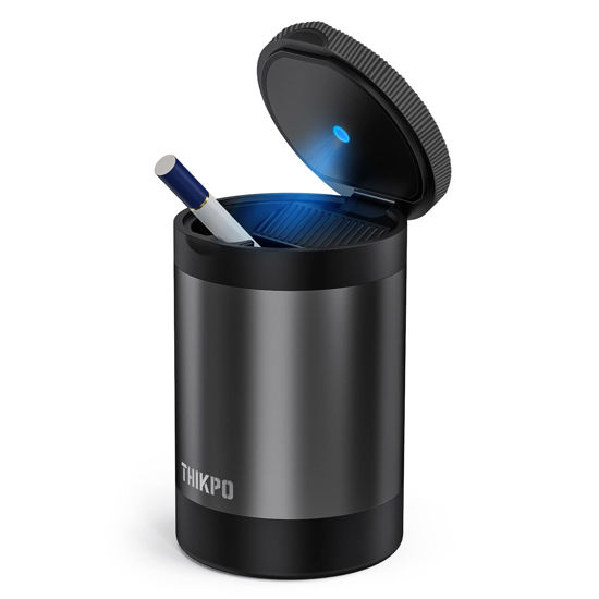 Picture of THIKPO 2023 Upgraded Car Ashtray with Lid, Portable Ashtray for Car, Mini Car Trash Can, Detachable Stainless Steel Smokeless Ash Tray with LED Blue Light, Windproof for Outdoor Travel, Home Use
