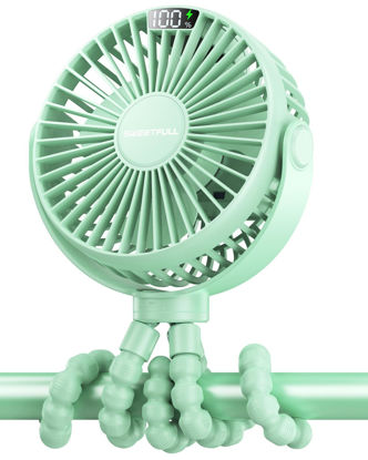 Picture of SWEETFULL Portable Stroller Fan with LED Display 4000mAh Battery Powered Mini Clip Fan, 4-Speed Rechargeable Small Personal Fan Handheld Desk Cooling Fan for Car Seat Crib Treadmill Travel-Green