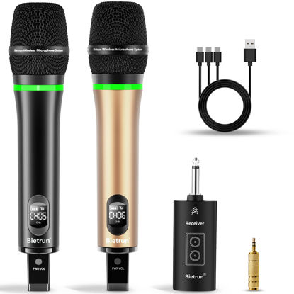 Picture of Bietrun Wireless Microphone, 240FT Rechargeable UHF Metal Dual Cordless Handheld Dynamic Mics with Bluetooth for Karaoke Machine, PA System Speaker, Mixer, Party, Church, Wedding(Rose Gold)