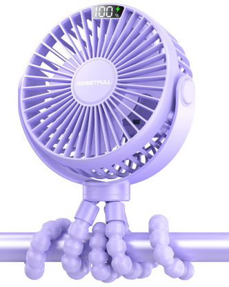 Picture of SWEETFULL Portable Stroller Fan with LED Display 4000mAh Battery Powered Mini Clip Fan, 4-Speed Rechargeable Small Personal Fan Handheld Desk Cooling Fan for Car Seat Crib Treadmill Travel-Purple