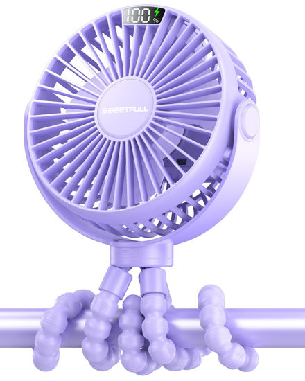 Picture of SWEETFULL Portable Stroller Fan with LED Display 4000mAh Battery Powered Mini Clip Fan, 4-Speed Rechargeable Small Personal Fan Handheld Desk Cooling Fan for Car Seat Crib Treadmill Travel-Purple
