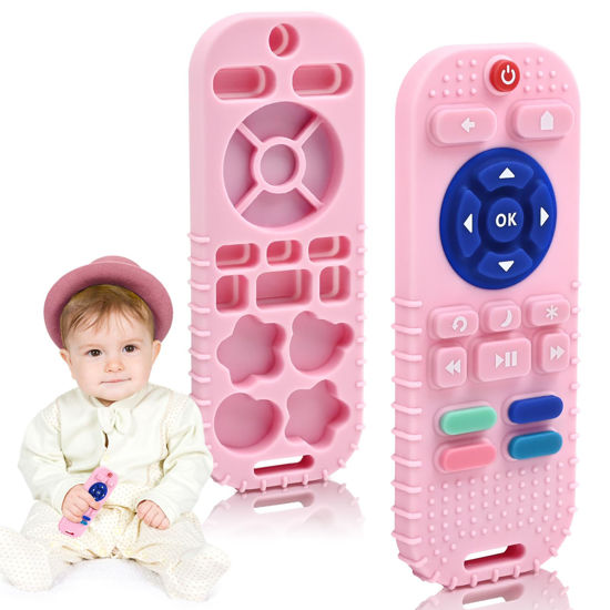 Picture of AiTuiTui Baby Teether for Teething Relief Baby Toys 3 6 9 12 Months, Silicone Baby Teether Toy for Babies Remote Control Newborn Infant Boy Girl Autism for Baby Gifts, Dark Pink