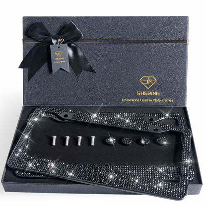 Picture of Shering Bling 2 Pack License Plate Frame with Premium Gift Box 1200pcs Rhinestones for Women (Black Rhinestones)
