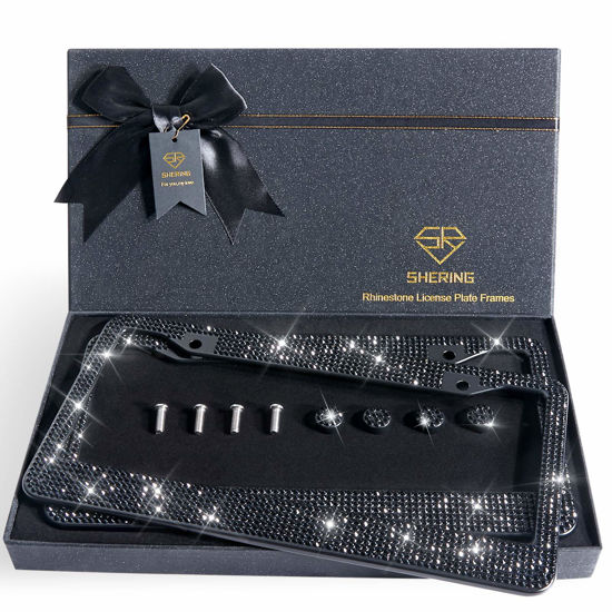 Picture of Shering Bling 2 Pack License Plate Frame with Premium Gift Box 1200pcs Rhinestones for Women (Black Rhinestones)