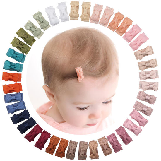 Picture of CÉLLOT 40pcs Mini 1.2" Grosgrain Ribbon Snap Clips - Tiny Fine Thin Hair Bows in Pairs for Baby Girls, Toddlers, and Infants