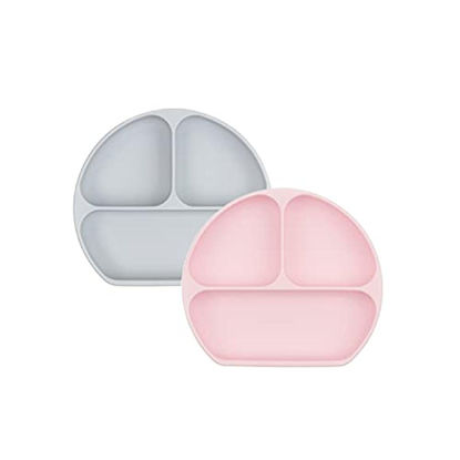 Picture of Bumkins Toddler and Baby Suction Plate, Silicone Divided Grip Dish for Babies and Kids, Baby Led Weaning, Children Feeding Supplies, Non Skid Bottom, Platinum Silicone, 6 Months Up, Gray and Pink