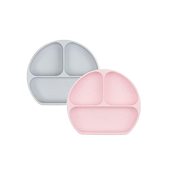 Picture of Bumkins Toddler and Baby Suction Plate, Silicone Divided Grip Dish for Babies and Kids, Baby Led Weaning, Children Feeding Supplies, Non Skid Bottom, Platinum Silicone, 6 Months Up, Gray and Pink