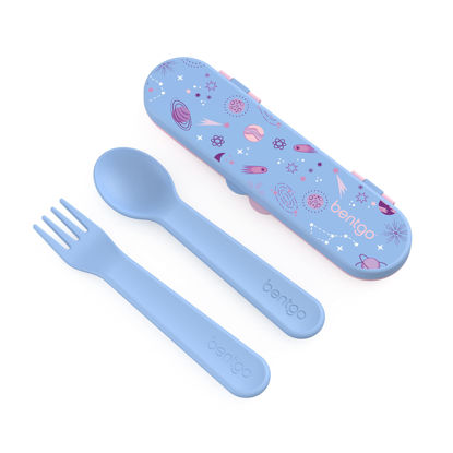 Picture of Bentgo Kids Utensil Set - Reusable Plastic Fork, Spoon & Storage Case - BPA-Free Materials, Easy-Grip Handles, Dishwasher Safe - Ideal for School Lunch, Travel, & Outdoors (Lavender Galaxy)