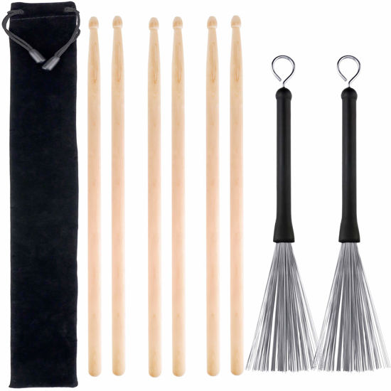 Picture of Augshy Drum Stick Set,3 Pairs 5A Hard Maple Wood Drum Sticks and 1 Pair Retractable Drum Wire Brushes with a Storage Bag Drum Accessories for Jazz Folk Rock Band Drummers Beginners