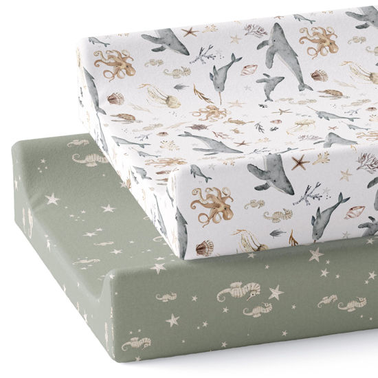 Picture of Sorrel + Fern Changing Pad Cover 2-Pack (Ocean Odyssey) - Premium Fitted Sheets - Buttery Soft Cotton Blend