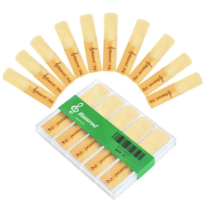 Picture of 10 Pack Professional Alto Saxophone Reeds 2.0 with Plastic Box Thinner Reed Tip Traditional Alto Sax Reeds for Saxophone Beginner and Player