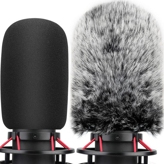 Picture of Pop Filter for Hyperx Quadcast s, Mic Foam Cover+Furry Wind Muff Compatible with Hyperx Quadcast s Microphone Pop Filter Windscreen Cover for Indoor/Outdoor Use,Combo 2Pack