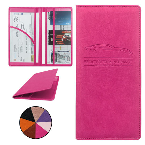 Picture of Miunice Car Registration and Insurance Holder, Premium Pu Leather Vehicle Glove Box Organizer, Prefect Car Essentials Wallet for Driver License, Cards & Essential Documents (L-Rose Red)