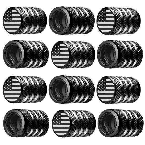 Picture of Tire Valve Stem Cap Cover - (12 Pack) Tire Air Cap Metal with Plastic Liner Corrosion Resistant Leak-Proof American Flag for Car Truck Motorcycle Bike Black