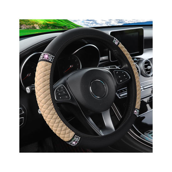 Picture of Osilly Bling Car Steering Wheel Cover, 15 Inch Rhinestones Soft Leather Elastic Steering Wheel Protector, Sparkly Crystal Diamond for Women Girls (Beige)