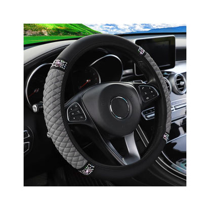 Picture of Osilly Bling Car Steering Wheel Cover, 15 Inch Rhinestones Soft Leather Elastic Steering Wheel Protector, Sparkly Crystal Diamond for Women Girls (Gray)