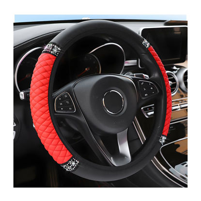 Picture of Osilly Bling Car Steering Wheel Cover, 15 Inch Rhinestones Soft Leather Elastic Steering Wheel Protector, Sparkly Crystal Diamond for Women Girls, Car Interior Accessories for Most Cars (Red)