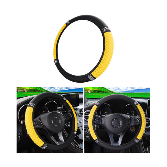 Picture of Osilly Bling Car Steering Wheel Cover, 15 Inch Rhinestones Soft Leather Elastic Steering Wheel Protector, Sparkly Crystal Diamond for Women Girls (Yellow)